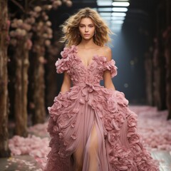 Wall Mural - Beautiful women in rose floral dress on fashion show. 