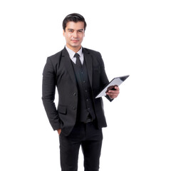 Business Asian man using smart phone tablet computer isolated on white background with copy space - lifestyle business people concept
