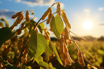 Poster - Soybean pods on soybean plantation, in sunlight background, close up.  Soybean field.  Soy plant. Soy pods.