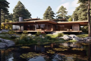 Poster - A beautiful natural setting encloses a large wooden residence.