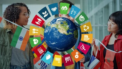 Poster - 万国旗を持つ多国籍の人々とSDGsイメージ