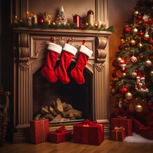 Christmas Stocking Red With Gifts Near The Fireplace