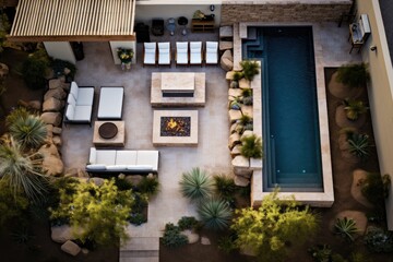 The backyard of a residence in Arizona is shown from above, showcasing a desert inspired landscape with a travertine pool deck and a fireplace.