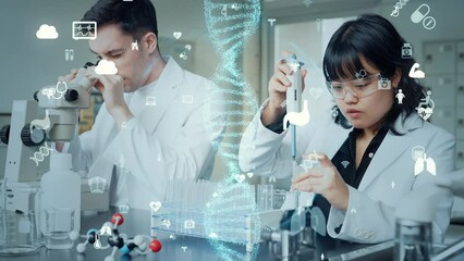 Poster - Multinational group of scientists experimenting and genetic research concept. Regenerative medicine. Medical technology.