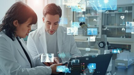 Poster - Multinational group of scientists experimenting and medical technology concept. MedTech.