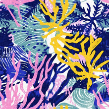 Tropical Modern Coastal Pattern Clash Fabric Coral Reef Print For Summer Beach Textile Designs With A Linen Cotton Effect. Seamless Trendy Underwater Kelp And Seaweed Repeat Background