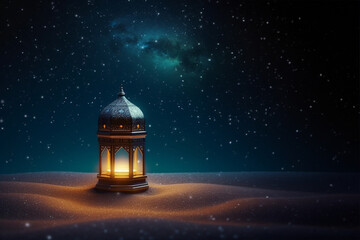 islamic lantern on the desert with starry night