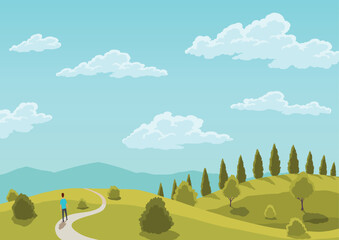 Nature landscape in cartoon style. Beautiful spring hills with trees, green grass and blue sky with white clouds. Flat vector landscape background template