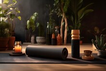 A Still Life Image Featuring A Yoga Mat And Various Yoga Accessories Set Up In A Peaceful Home Studio.  This Image Represents The Preparation And Commitment Involved In A Yoga Practice.
