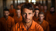 © kitti - Prisoners in orange shirts at the prison Desperate handcuffed prisoner looking at camera with people behind the scenes Generative AI