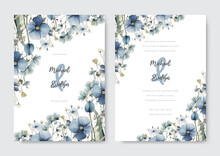 Vintage Wedding Card Invitation Theme. Abstract Geranium Wedding Invitation Template On A Blue Background Vector Banner Poster Template