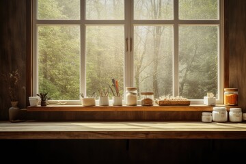 Sticker - A clear kitchen window blurs a product presentation on an empty wooden desk.