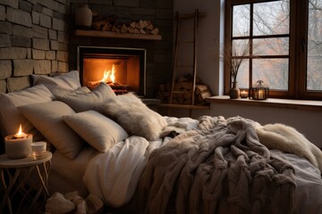 The bedroom interior is warm and inviting with a knitted blanket and cushions.