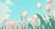Pink tulips flowers on blue sky background  in the style of anime and manga. Generative Ai