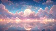 Anime Pink Sky with Moon and Sea. Generative AI