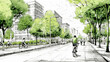 © Keitma - Drawing of street with sustainable urban design featuring eco-friendly elements, people on bicycle and modern buildings with green plants and trees