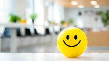 Positivity In The Workplace With A Yellow Smiling Smiley Ball In The Office Interior, Promoting A Positive Work Environment