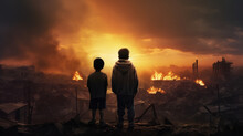 Silhouette Of A Two Children Watching Over Their Burned Down Hometown