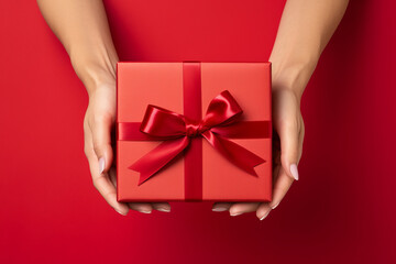 top down view of a woman hands holding a luxury gift box with bow against a red background