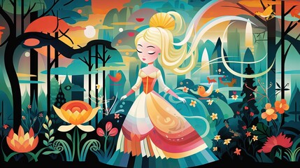 Wall Mural - Cute and beautiful fairy tale princess in the woods forest background. Orange and green warm tone. Generative AI