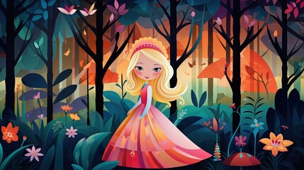 Canvas Print - Cute and beautiful fairy tale princess in the woods forest background. Orange and green warm tone. Generative AI