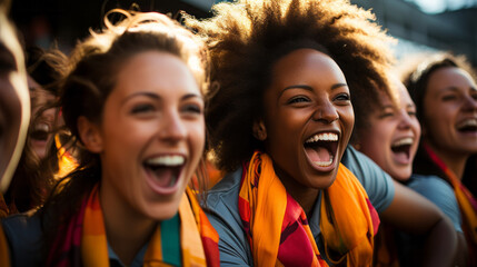 Female Football sports supporters in action with diverse group of enthusiastic women, donning their team colors, cheering at stadium