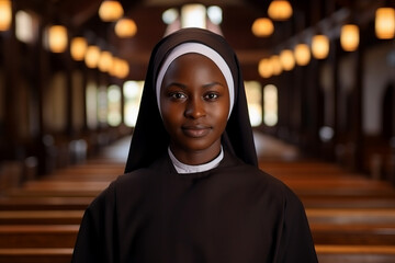 Portrait of a black african catholic nun in church background