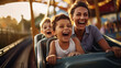 Mother and two children family riding a rollercoaster at an amusement park experiencing excitement, joy, laughter, and fun