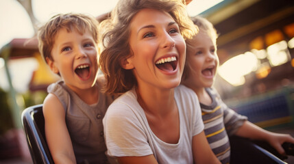 Mother and two children family riding a rollercoaster at an amusement park experiencing excitement, joy, laughter, and fun