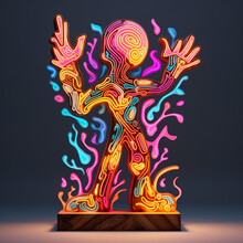 Wooden Sculpture Of A Man Like Fire Neon Color