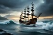 Leinwandbild Motiv A tense scene of an ancient ship fighting a sea storm - AI generative