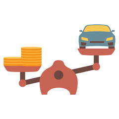 Investment in car.Scales with car and gold coins.Financial scales with car.Automobile and money on scales.Car valuation.The cost of the vehicle and the stack of coins.Sedan price.