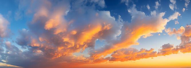 Mesmerizing sky clouds at sunrise and sunset wide panorama