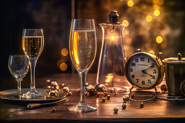 Wall Mural - Champagne, clock close to midnight and Christmas decoration on holiday table. new year concept. generative AI.