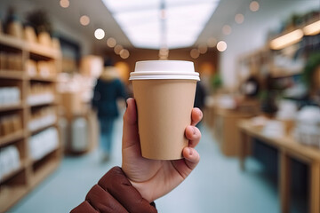 hand holding a blank to go coffee cup coffee shop, template illustration.