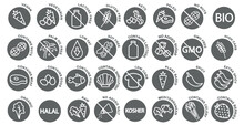 Dietary Restrictions Icon Set With Elements Such As Vegan, Vegetarian, Keto, Gluten Free, Dairy Free, Sugar Free Etc, Round Dark Vector Icons.