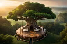 A Treehouse Carved In The Stump Of A Banyan Tree - AI  Generative