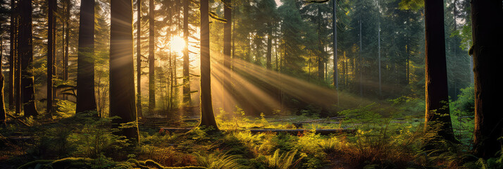 Wall Mural - Fascinating light in wide panoramic green forest