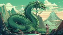 Emerald Dragon Man And Young Woman In The Mountains Fantasy World