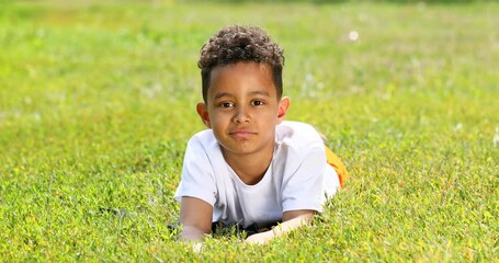 Wall Mural - Funny moment - little boy pulling grass and smelling flowers