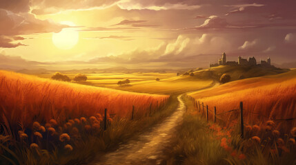 Wall Mural - Road in field evening sunset digital painting by AI