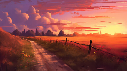 Wall Mural - Road in field evening sunset digital painting by AI