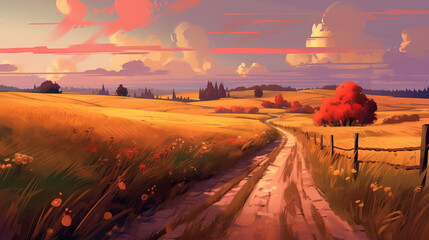 Wall Mural - Road through the field general plan. Digital painting by AI