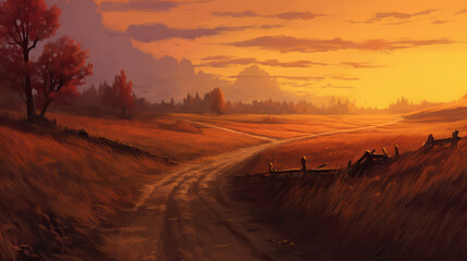 Wall Mural - Road in field evening sunset digital painting by AI