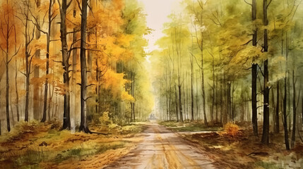  Road in forest in autumn watercolor style by AI