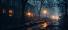 Old Street Foggy Dark Night Melancholic Background. Generative AI Technology.