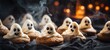 Halloween party food bakery bake baking photography background - Closeup of many scary ghost cookies on dark table, top view (Generative Ai)