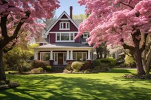 In The Springtime, There Is A Suburban Midwestern House That Offers A Picturesque View. The House Boasts A Well Maintained Yard Adorned With Vibrant Redwood And Dogwood Trees.