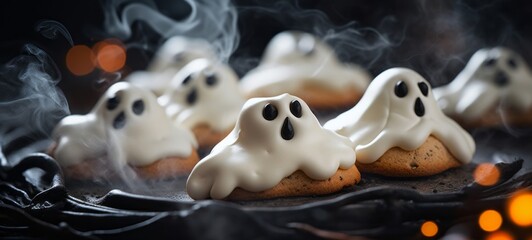Wall Mural - Halloween party food bakery bake baking photography background - Closeup of many scary ghost cookies on dark table, top view (Generative Ai)