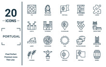 Portugal Linear Icon Set. Includes Thin Line Tile, Castle, Aarve, Lavender, Barrel, Placeholder, Bridge Icons For Report, Presentation, Diagram, Web Design